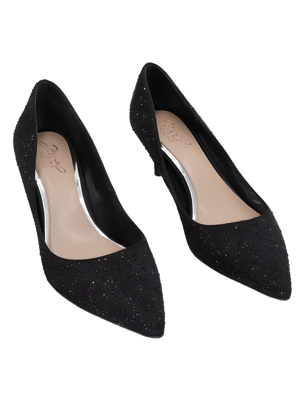 Jewel Badgley Mischka Frenchie Black Satin Rhinestone Kitten Heel Pumps Size 9M